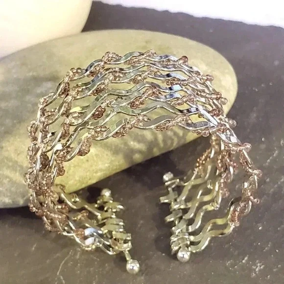 Vintage 90s Y2K Silver Pink Beaded Wire Wrap Detail Cuff Bracelet - Picture 9 of 12